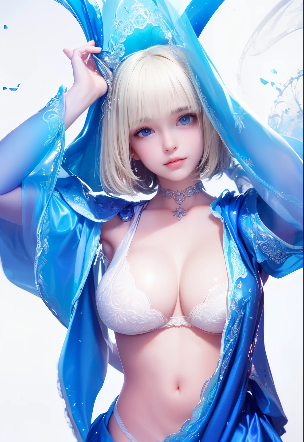 ((Masterpiece, Detailed face, Detailed eyes, detailed anatomy, Oily skin, Fine skin, White skin)), (Masterpiece, Best quality, High quality, Ultra-detailed, extremely details, High Resolution, Super realistic, ultra realistic, Strong lights, Photography, Brighten the subject, Perfect face, Cute Face), 1 adorable girl, solo, looking at viewer, head(blonde hair, pixie cut hair, very short hair, silky hair, blunt bangs), face(sparkling blue eyes), ((Huge breast)), (((Saggy breast:1.5))), inside of room, looking at viewer with sweet smile, head(blonde hair, pixie cut hair, very short hair, silky hair, blunt bangs), Raw photo, (8K、highest quality、masterpiece:1.2)、(Intricate details:1.4)、(Photorealistic:1.4)、Octane Rendering, Intricate 3D rendering super detailed, studio soft light, Rim Light, Vivid details, Super Detail, Realistic skin texture, Cheek gloss, details face, Very beautiful bright pale blue eyes, Very big eyes, Highly detailed CG Unity 16k wallpaper, perfect beauty, round face, Makeup, (Detailed background:1.2), Shiny skin, Full Body, From head to thighs, Cleavage,