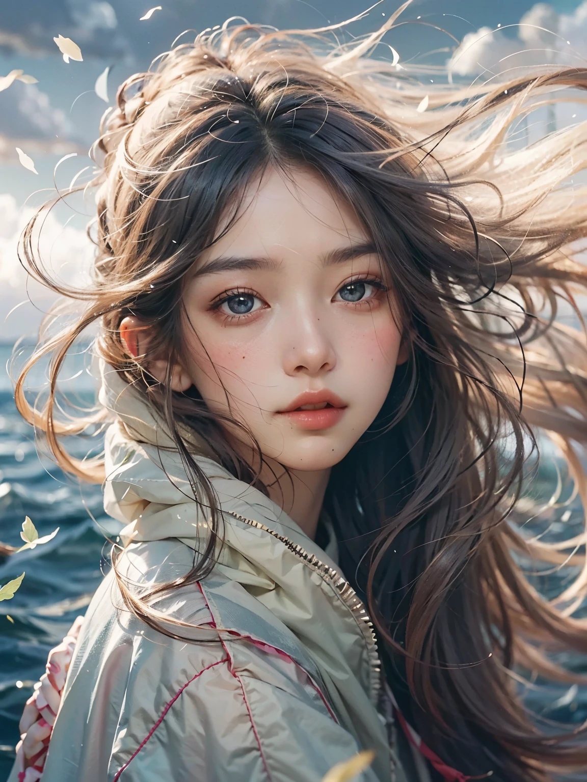 Long hair like a cloud，Gently swaying in the breeze.，It seems to tell of her softness and delicacy.。clear and bright eyes，It was as deep as a lake.，It seems to be able to see through people&#39;s inner worlds.。high nose，exquisite face，It shows her tenacity and beauty.。The long light made her look as beautiful as an angel.。（（best quality）），（（Masterpiece）），（（realistic）），（（realistic））