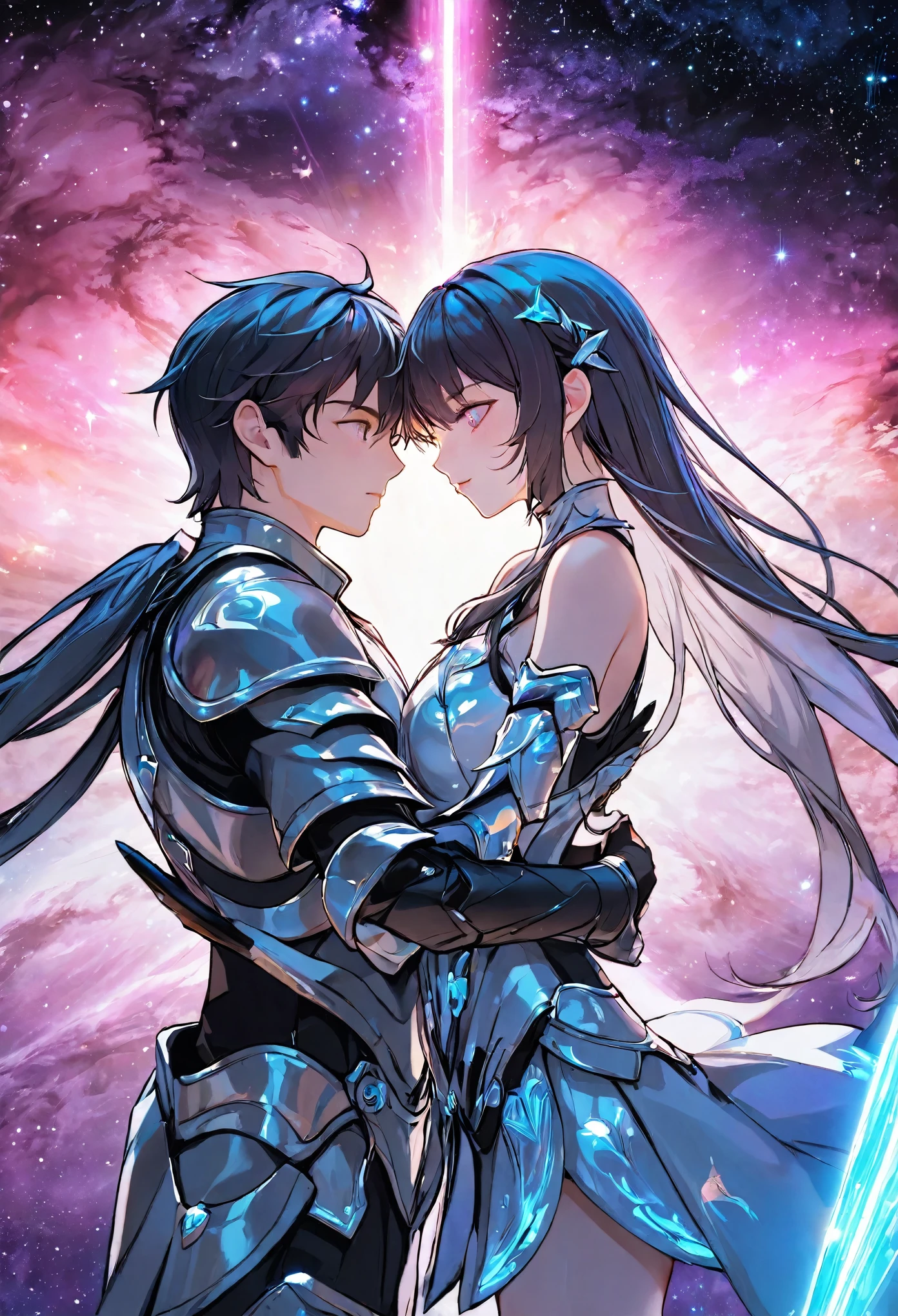 ((full body)), ((A boy and a yinji girl)), ((Long shot)), ((Armor, Hug, kiss)), Two-man match, 4k ultra hd, masterpiece, good face, detailed eyes, detailed lips, neon lights, (galaxy background:1.5), in the heaven,