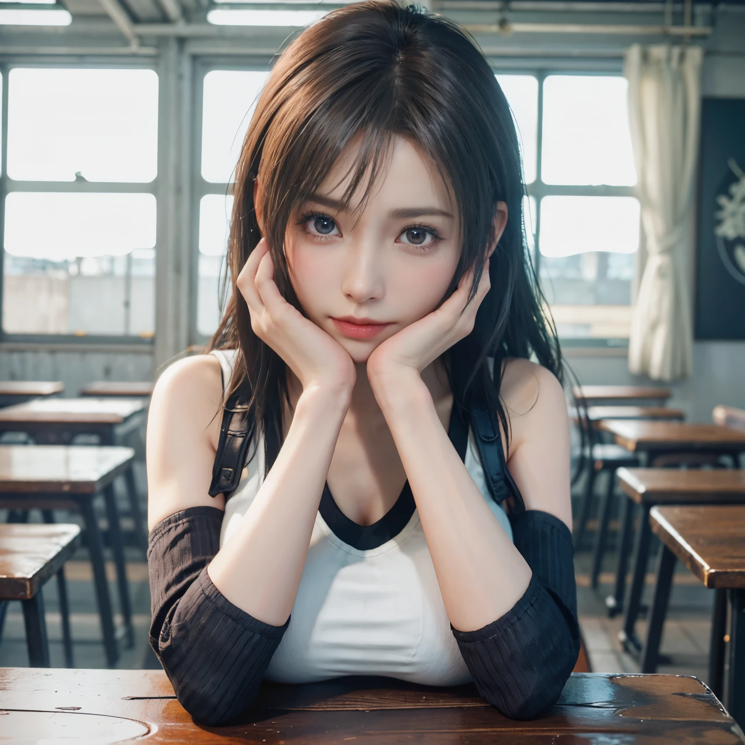 (Realistic: 1.4), 最high quality, Very delicate and beautiful, High resolution,masterpiece, 最high quality, 超High resolution, (Realistic:1.4), Detailed beautiful face, , One girl, Tifa_Lockhart, Final Fantasy VII Remake, Stunning European Women,Cowboy Shot, suspenders, Low rise, Black mini skirt, Black border white tank top, Tense shirt, Black Hair, Long Hair, Sexy Body,Beautiful breasts, Very beautiful and shining eyes,Beautiful feet, So cute, Close-upポトレイト, 柔らかい肌のPerfect Faceを持つ素敵な, Perfect Face, (((Huge breasts))),Tight waist,Chainetter、thigh、In the dungeon,Complete diagram, Shapely hips, 8K resolution,Surreal,Ultra-detailed,high quality, (Huge teardrop chest, Huge breastsの谷間:1.2)， Giant tit， Close-up,A broad perspective
