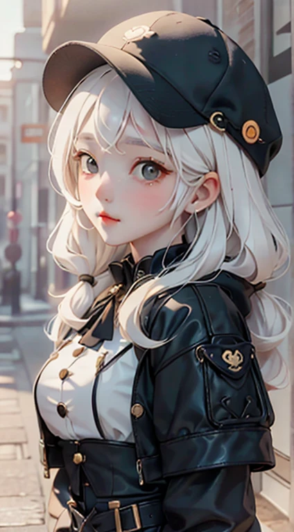 Medium Shot, Medium Shot, Depth of written boundary, bust, Upper Body, Movie angle, masterpiece, highest quality, Very detailed, CG, 8k wallpaper, Pretty face, Delicate eyes, Otome, alone, Long white hair, Yellow Eyes, hairpin, White shirt, black hooded jacket, Black baseball cap, Black Stockings, Black knee-high boots, sunset, Sun reflection、cute、Big eyes、