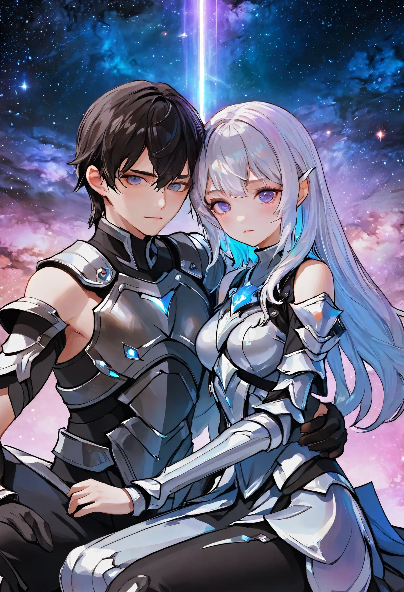 ((full body)), ((A boy and a yinji girl)), ((Long shot)), ((Armor, Lean together, head on shoulder)), Two-man match, 4k ultra hd, masterpiece, good face, detailed eyes, detailed lips, neon lights, (galaxy background:1.5), in the heaven, sitting on the unicon
