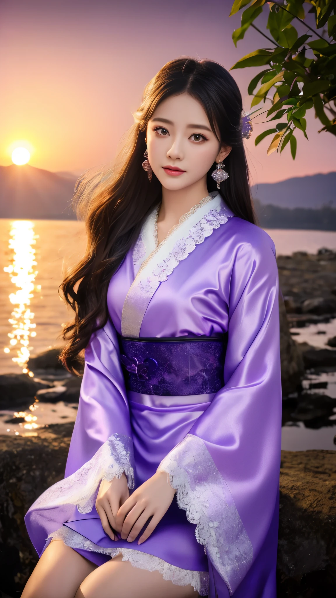 8K, UHD, masterpeiece,best quality, 1 girl, realistic face, detailed eyes, very long hair, long straight hair, small breasts, very detailed dress, kimono costume, purple costume, ((flowing lace)), sardine, flowing sardine, jwellery, earring, ornaments, evening, lake, water, sunset, depth of field, glowing light, god rays, reflection light, bloom, blending, sitting,