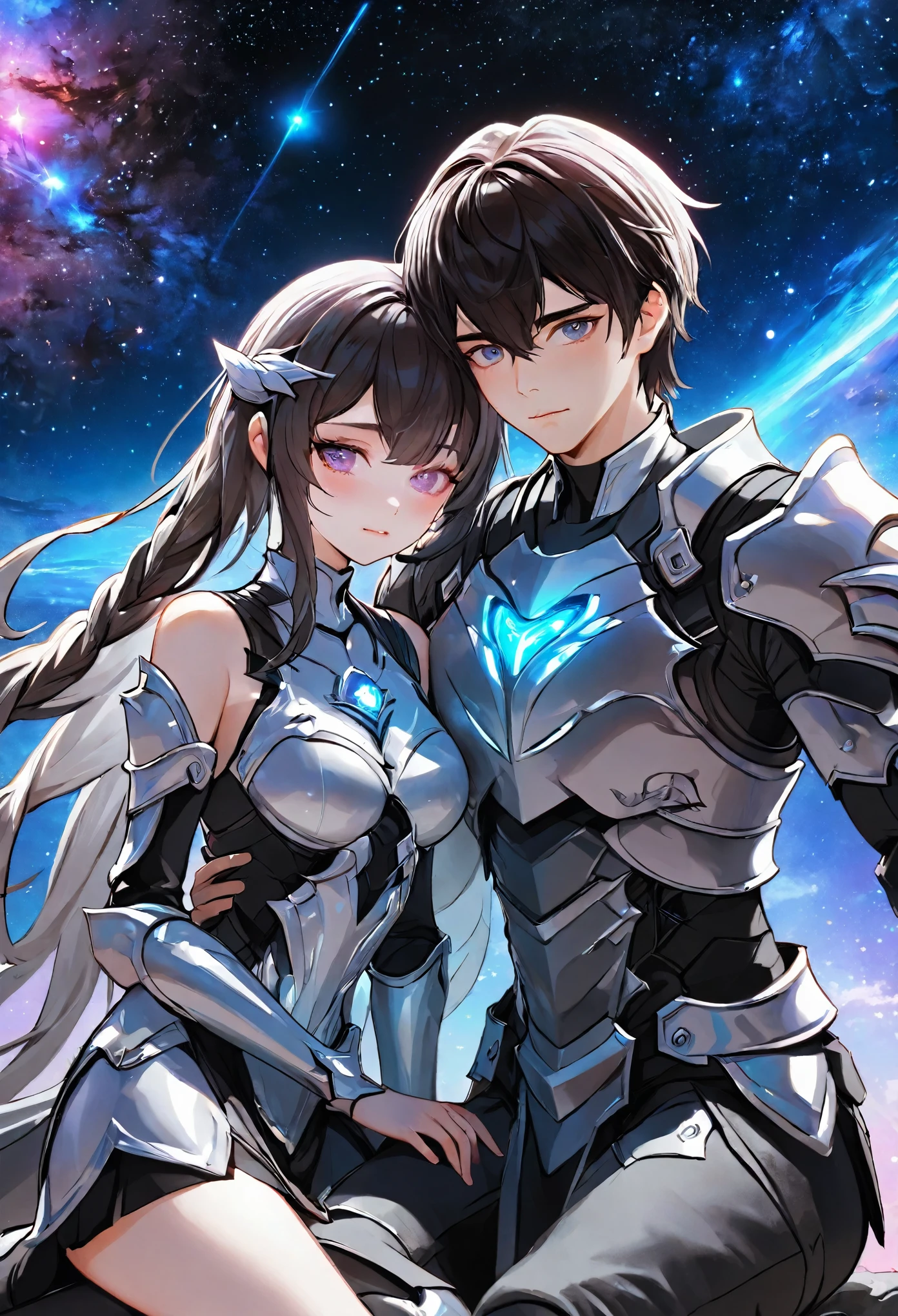 ((full body)), ((A boy and a yinji girl)), ((Long shot)), ((Armor, Lean together, head on shoulder)), Two-man match, 4k ultra hd, masterpiece, good face, detailed eyes, detailed lips, neon lights, (galaxy background:1.5), in the heaven, sitting on the unicon