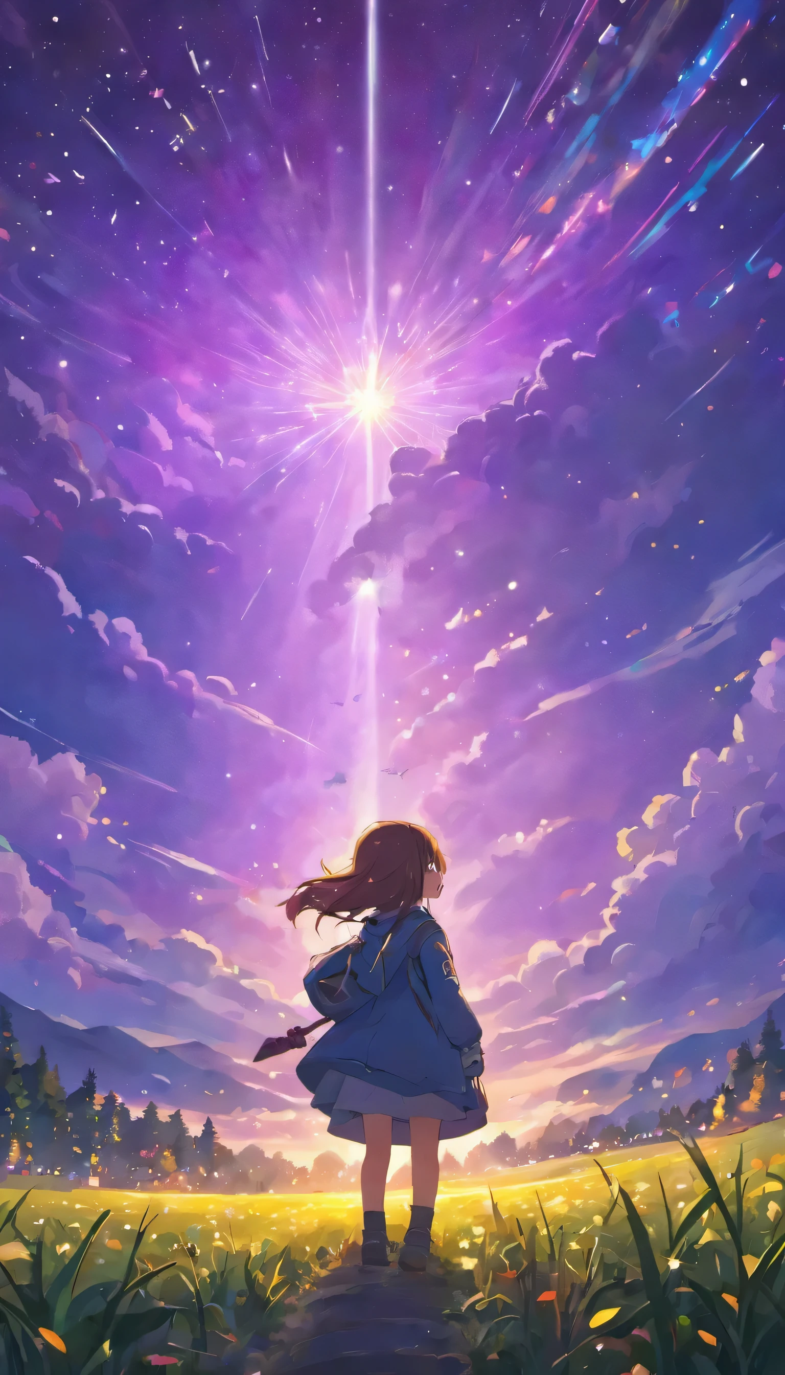 Vast landscape photography，（View from below，Above is the sky，Below is an open field），Standing in a Flower Field and Looking Up，（full moon：1.2），（meteor：0.9），（Star Cloud：1.3），Fir Mountain, Tree BREAK Making Art，（Warm light source：1.2），（Glow worms：1.2），The lamp lights up，Lots of purple and orange，Intricate details，Volumetric Lighting Break（masterpiece：1.2），（highest quality），4K，Super detailed，（Dynamic configuration：1.4），Rich in details，Variety of colors，（Iridescent colors：1.2），（The light shines，Atmospheric lighting），dream Magic，Magic，（solo：1.2