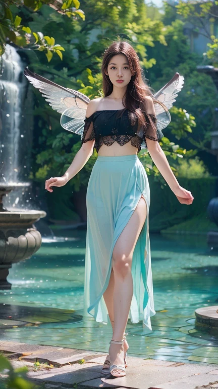 A girl, solo, glowing eyes, pretty face, angel wings, fairy skirt, veil, full body photo, looking at the viewer, cyan blue style, mysterious lake, hazy beauty, fantasy feeling, mysterious feeling, reality , detailed, cinematic lighting effects, ambient lighting