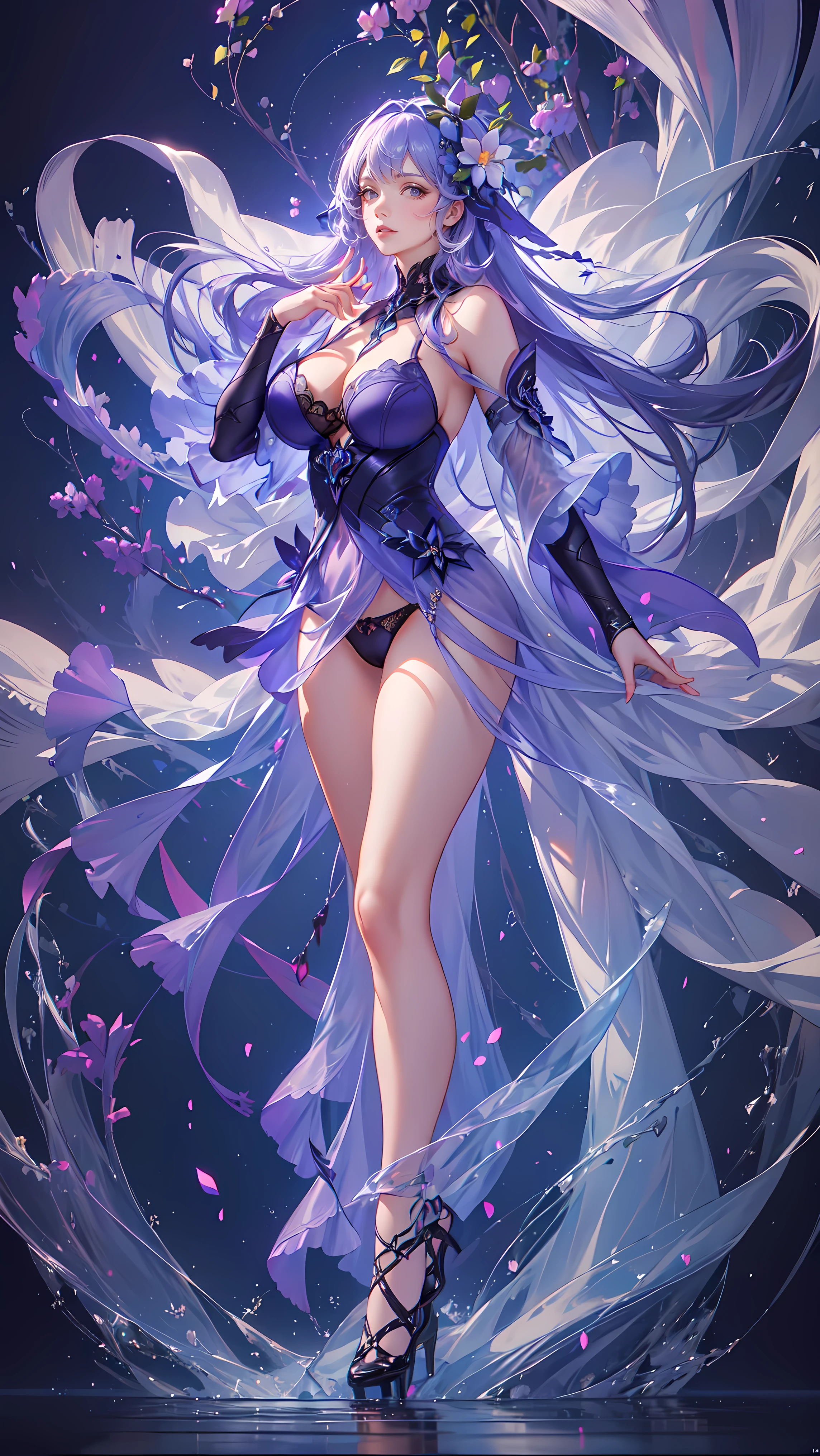 (((FULL BODY POSE))) (((SHOW PANTIES))) (((BIG GIANT BOOBS))) ((GOOD FINGER, ANATOMY CORRECTED)) ((WHITE PURPLE LUXURY ARISTOCRATIC NOBLE COSTUME)) | A WOMEN WEAR ((SEXY OUTFIT)) (((WHITE LONG HAIR WITH PURPLE  HIGHLIGHT))) FLOATING IN THE ((BLUE SKY BACKGROUND)) ((FLOWER PETALS FAILING BACKGROUND IS A BLUE SKY)))) HORIZON PLANET FULL OF (((STARS))) | big eyes, ((big boobs)) sexy pose, big thigh, full body, large breasts, open legs, show panties, smile, portrait knights of zodiac, extremely detailed ((pixiv arts)), high detailed official artwork, [ tarot card ]!!!!!, detailed key anime art, knights of zodiac anime, beautiful celestial mage, firefly from honkai star rails, full body | (dynamic angle:1.1), outline, ((thick line art)), cover, stylish, official art, (details:1.2), (fantasy), garden, (bloom:1.1), glow:0.2, shadow, nature, flower, splash water, crystal, snowflakes, particles, bokeh, anamorphic light (depth of field), sharp focus, (volumetric lighting), (bokeh:0.6), film grain:0.4, (soft lighting:1.1) (VIGNETTE:1) | high-quality, ultra-detailed illustrations, ultra-high resolution, (high resolution, overwhelmingly pixel-perfect, luxurious illustration), (Ultra Quality, Masterpiece, Ethereal:1.4) photorealistic:.1.4, UHD (8k, RAW photo, best quality, masterpiece:1.2)