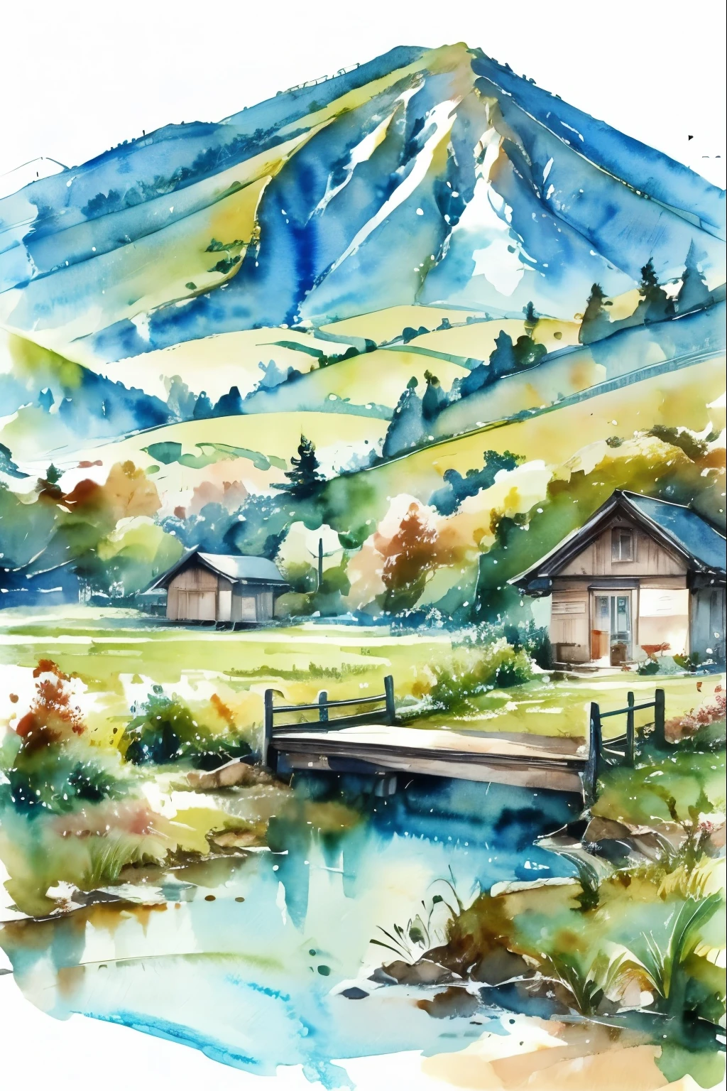 Watercolor Landscape, Scenery of the Japanese countryside,