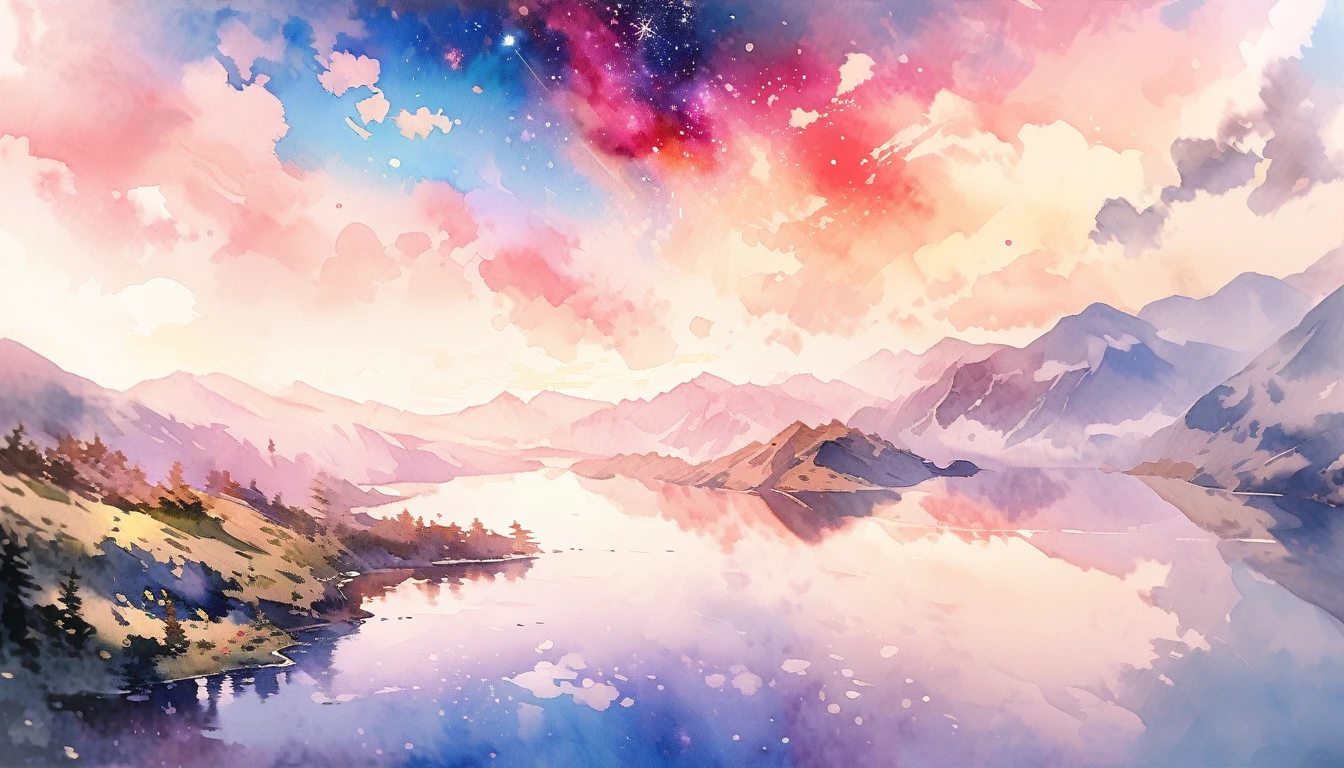 (very beautiful elaborate watercolor),beautiful nature,beautiful lake\((very elaborate and beautiful galaxy reflected:1.4)\) , BREAK ,quality\(8k,wallpaper of extremely detailed CG unit, ​masterpiece,hight resolution,top-quality,top-quality real texture skin,hyper realisitic,increase the resolution,RAW photos,best qualtiy,highly detailed,the wallpaper\), (from above:1.4),(aerial view:1.2)