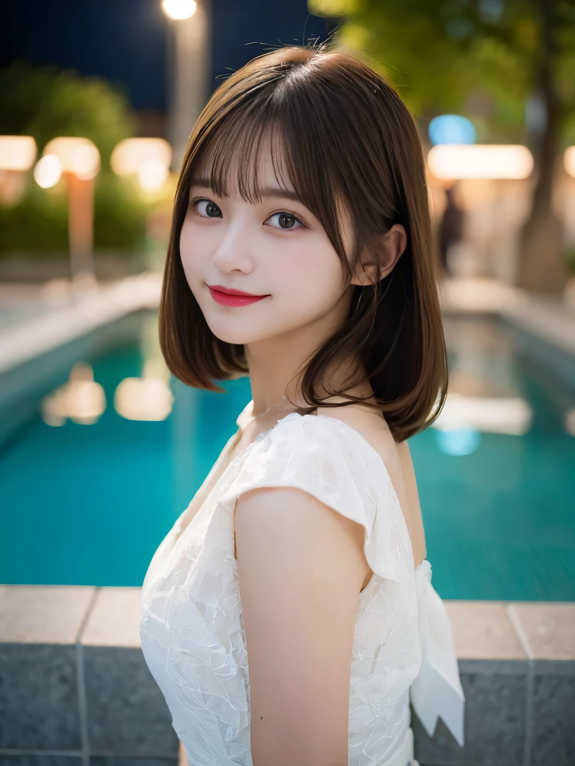 muste piece, best quality, illustration, Super detailed, fine details, High resolution, 8K Dende Wallpaper, perfect dynamic composition, beautiful detailed eyes, she is wearing a white dress,medium hair,natural color lip, shy smile,Harajuku style、20 year old girl、There is only one person, bust up photo、Correct posture、stretch your back、Never show your hands、Stand up straight、cute type、looking at camera、C Cup、golden hair、Don't touch it、Blurry night pool background