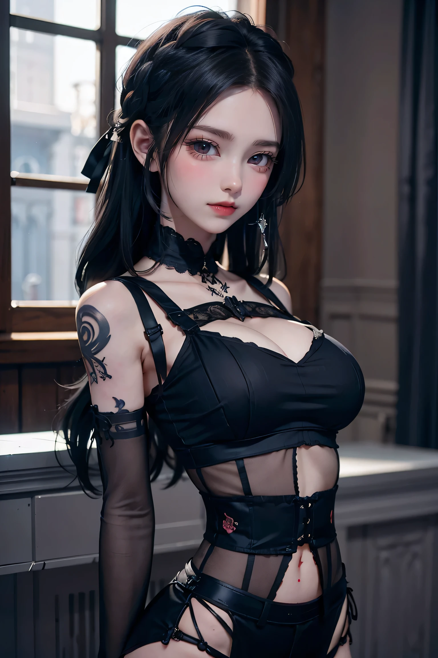 Beautiful Gothic Lolita Girl, Silky black hair in braids, blue eyes, Thin lips, Round face, Small and flat chest, 18 year old lolita, Relax in gothic style clothing，(((He has many tattoos all over his body)), (((Tight waist))), ((Big Breasts)),((See-through))，panties，