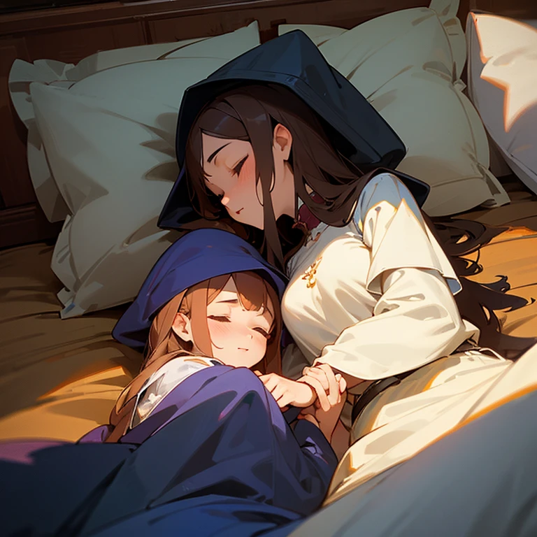 (masterpiece) (highly detailed) Two village sisters are sleeping together in bed in medieval