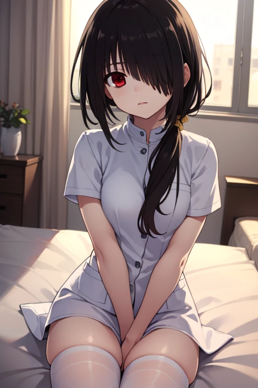 Kurosaki, Tokisaki Crazy Trio, Black Hair, Low double ponytail, (hair covering one eye:1.5), (Red Eyes:1.2), (Small Breasts:1.2), rest thighhighs, have, , White, Nurse cap, Nurse, Tokisaki Crazy Trio, rest looking at viewer, rest indoors, ground, groundroom, rest (masterpiece:1.2), best quality, high resolution, Unity 8k wallpaper, (illustration:0.8), (Beautiful and delicate eyes:1.6), Extremely detailed face, Perfect lighting, Extremely detailed CG, (Perfect hands, Perfect anatomical structure),