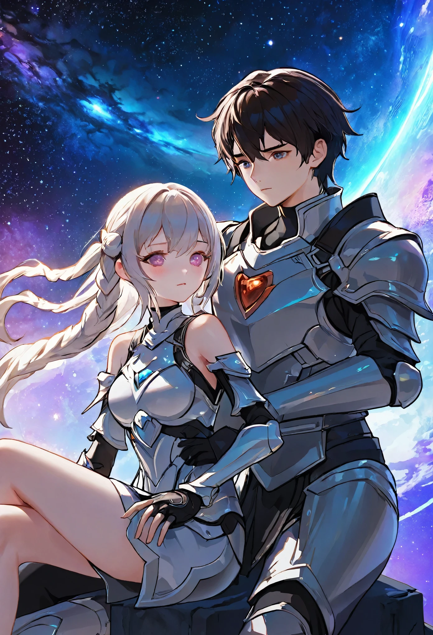 ((full body)), ((A boy and a yinji girl)), ((Long shot)), ((Armor, Lean together, head on shoulder)), Two-man match, 4k ultra hd, masterpiece, good face, detailed eyes, detailed lips, neon lights, (galaxy background:1.5), in the heaven, Dissolving is correct, sitting on the unicon