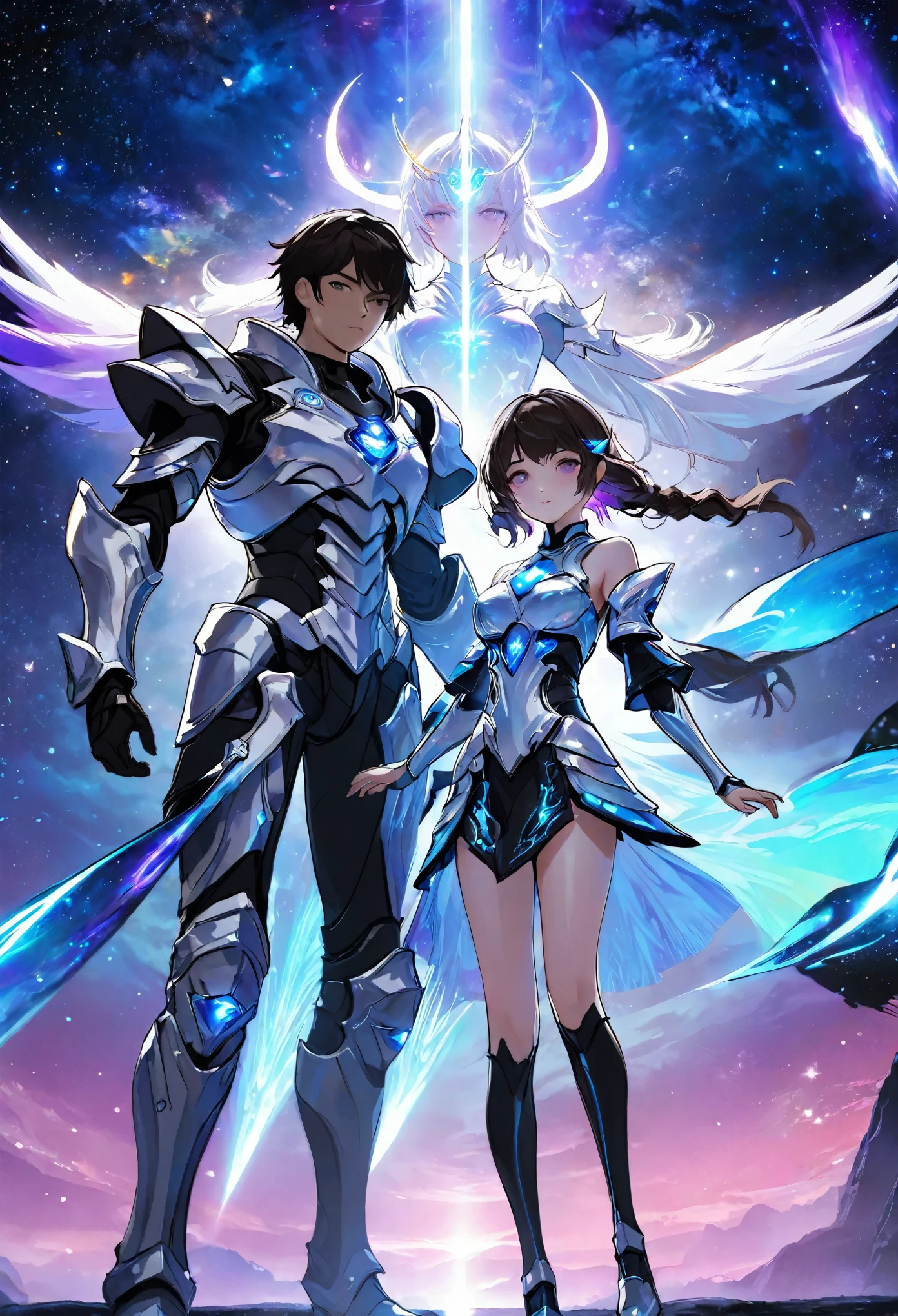 ((full body)), ((A boy and a yinji girl)), ((Long shot)), ((Armor)), ((Walk hand in hand)), Two-man match, 4k ultra hd, masterpiece, good face, detailed eyes, detailed lips, neon lights, (galaxy background:1.5), in the heaven, Dissolving is correct