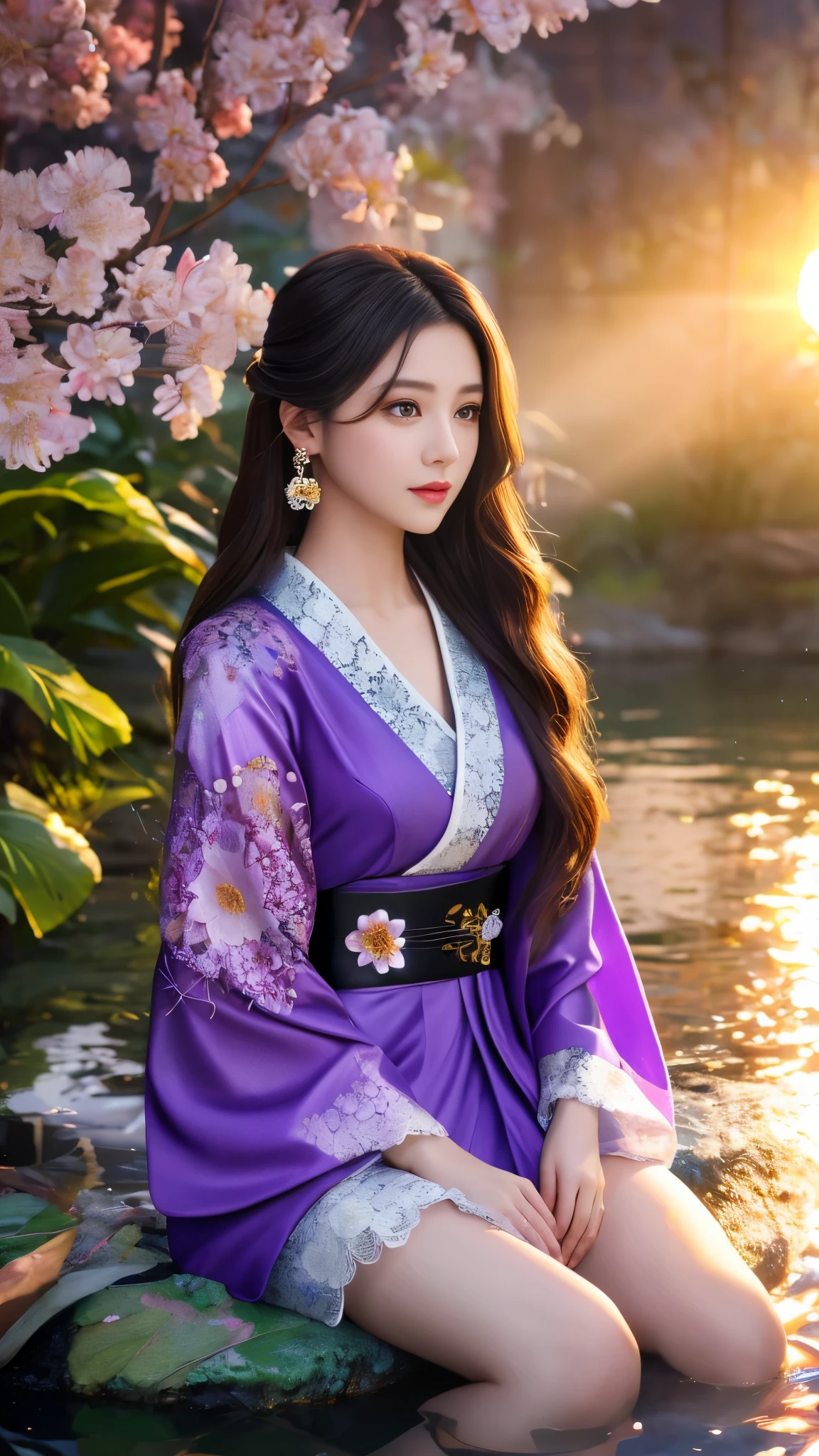 8K, UHD, masterpeiece,best quality, 1 girl, realistic face, detailed eyes, very long hair, long straight hair, small breasts, very detailed dress, kimono costume, purple costume, ((flower lace)), sardine, flowing sardine, jwellery, earring, ornaments, evening, lake, water, sunset, depth of field, glowing light, god rays, reflection light, bloom, blending, sitting,