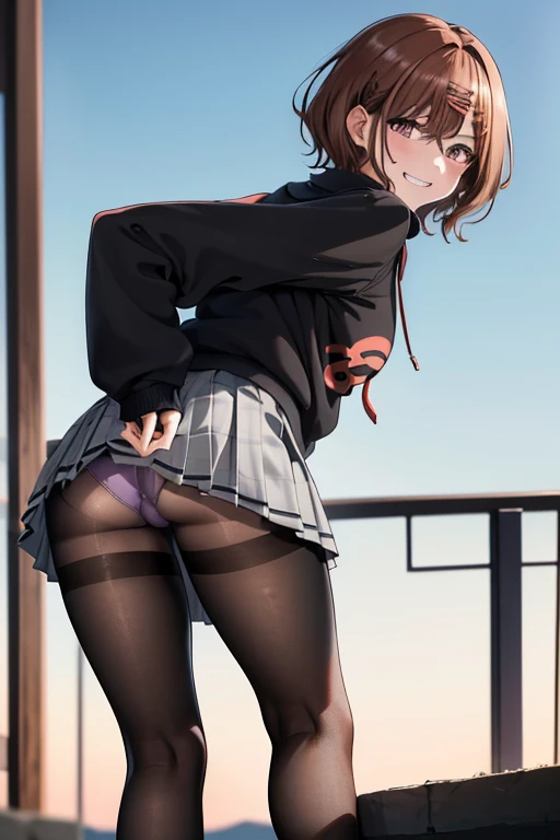 best quality, highres, 1girl, higuchi madoka, pantyhose, skirt, brown hair, mole under eye, mole, hair ornament, hairclip, pleated skirt, short hair,, long sleeves, bangs, sweater, miniskirt, black sweater, black pantyhose, looking back:1.2, standing:1.3, bent over to ground:1.4, ass:1.2, show panties:1.2, sky from below:1.4, grey skirt, collared shirt, purple eyes, cowboy shot, grin smile:1.3,