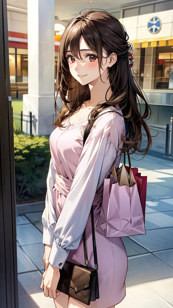 (masterpiece:1.2, top-quality, ultra high res, ultra detailed), (realistic, photorealistic:1.4), beautiful illustration, (natural side lighting, movie lighting), 
looking at viewer, 1 girl, japanese, high school girl, perfect face, (perfect ???????), cute and symmetrical face, shiny skin, slender, 
(long hair:1.5, half updo:1.4, light brown hair), hair between eyes, swept bangs, brown eyes, drooping eyes, big eyes, long eye lasher, (medium breasts), 
beautiful hair, beautiful face, beautiful detailed eyes, beautiful clavicle, beautiful body, beautiful chest, beautiful thigh, beautiful legs, 
((light blue long sleeve dress, pink hand bag)), 
(beautiful scenery), depth of field, morning, (shopping mall), standing, (smile),