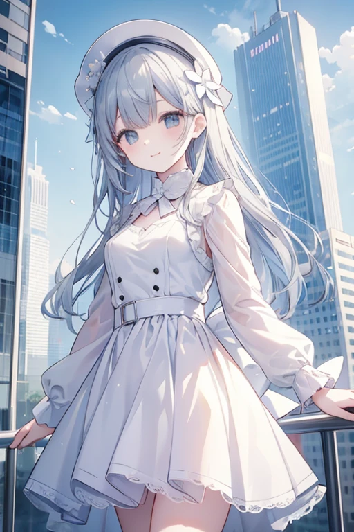 （Pretty sister:1.3）、happy face,spring atmosphere、skyscraper、((roof of the building))、suit figure、gray hair、Super detailed