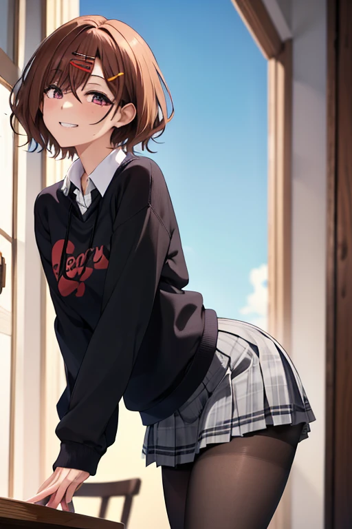 best quality, highres, 1girl, higuchi madoka, pantyhose, skirt, brown hair, mole under eye, mole, hair ornament, hairclip, pleated skirt, short hair,, long sleeves, bangs, sweater, miniskirt, black sweater, black pantyhose, looking back:1.2, on all fours:1.3, bent over to ground:1.4, ass:1.2, show panties:1.2, sky from below:1.4, grey skirt, collared shirt, purple eyes, cowboy shot, grin smile:1.3,