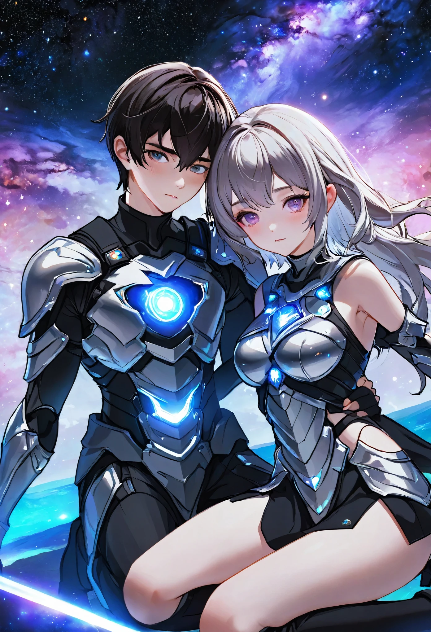 ((full body)), ((A boy and a yinji girl)), ((Long shot)), ((Armor)), ((Lying on the ground, girl on the boy's chest)), Two-man match, 4k ultra hd, masterpiece, good face, detailed eyes, detailed lips, neon lights, (galaxy background:1.5), in the heaven, Dissolving is correct