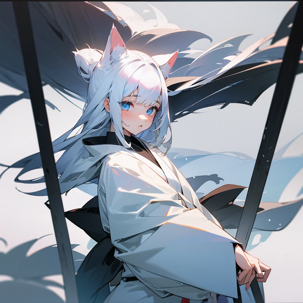 An 18 year old girl with a cute face. , Wear a clean white kimono. , Hair and eyes color completely black. , There are white cat ears on the head. , Behind the scenes of a snowstorm in the middle of a deep forest.