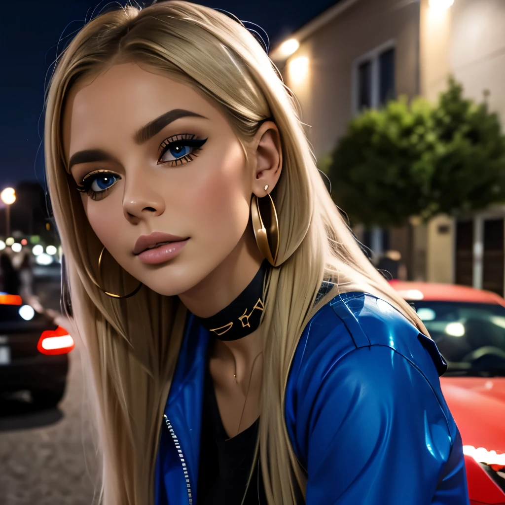 Focus on faces, attractive blonde european female streetracer sitting on hood of car, sports car, open colourful race jacket, crop top, night time, street lights, road, staring at the camera, big eyes, full lips, eyeliner wings, eye shadow, lip stick, ear ring hoops, choker, begging look,