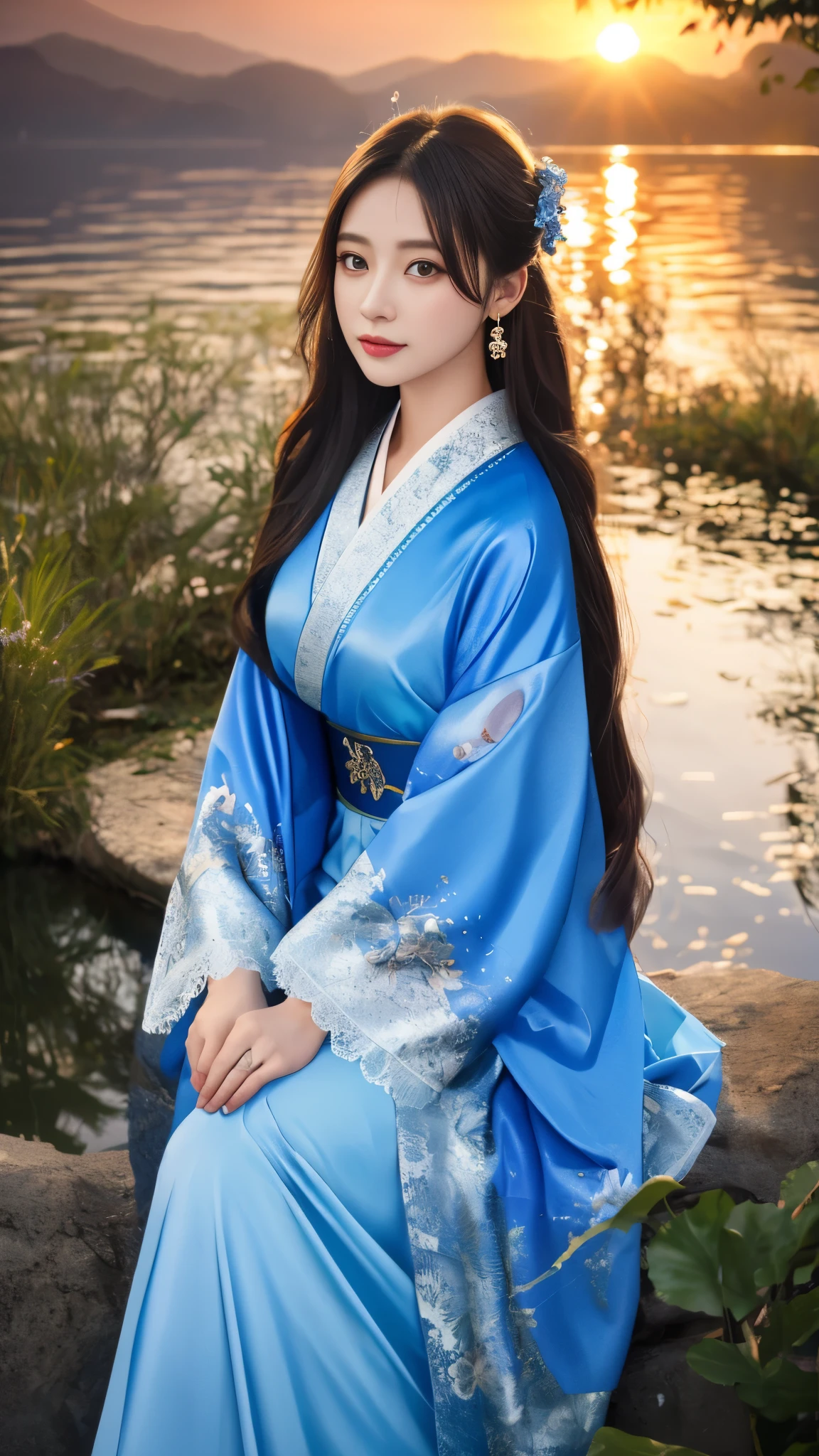 8K, UHD, masterpeiece,best quality, 1 girl, detailed face, detailed eyes, very long hair, long straight hair, small breasts, very detailed dress, kimono costume, blue costume, ((lace)), sardine, flowing sardine, jwellery, earring, ornaments, flower, evening, lake, water, sunset, depth of field, glowing light, god rays, reflection light, bloom, blending,