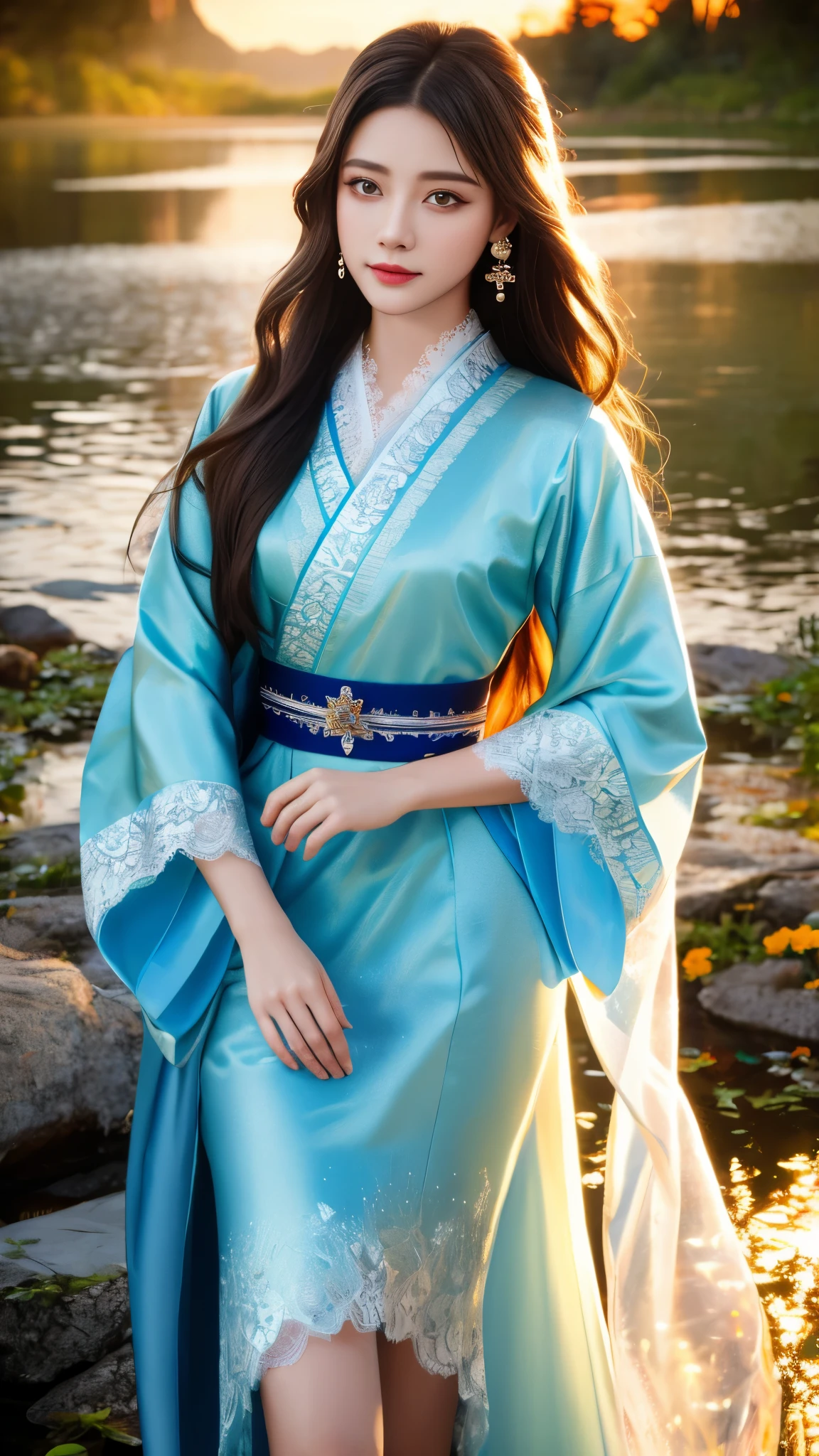 8K, UHD, masterpeiece,best quality, 1 girl, detailed face, detailed eyes, very long hair, long straight hair, small breasts, very detailed dress, kimono costume, blue costume, ((lace)), sardine, flowing sardine, jwellery, earring, ornaments, flower, evening, lake, water, sunset, depth of field, glowing light, god rays, reflection light, bloom, blending,