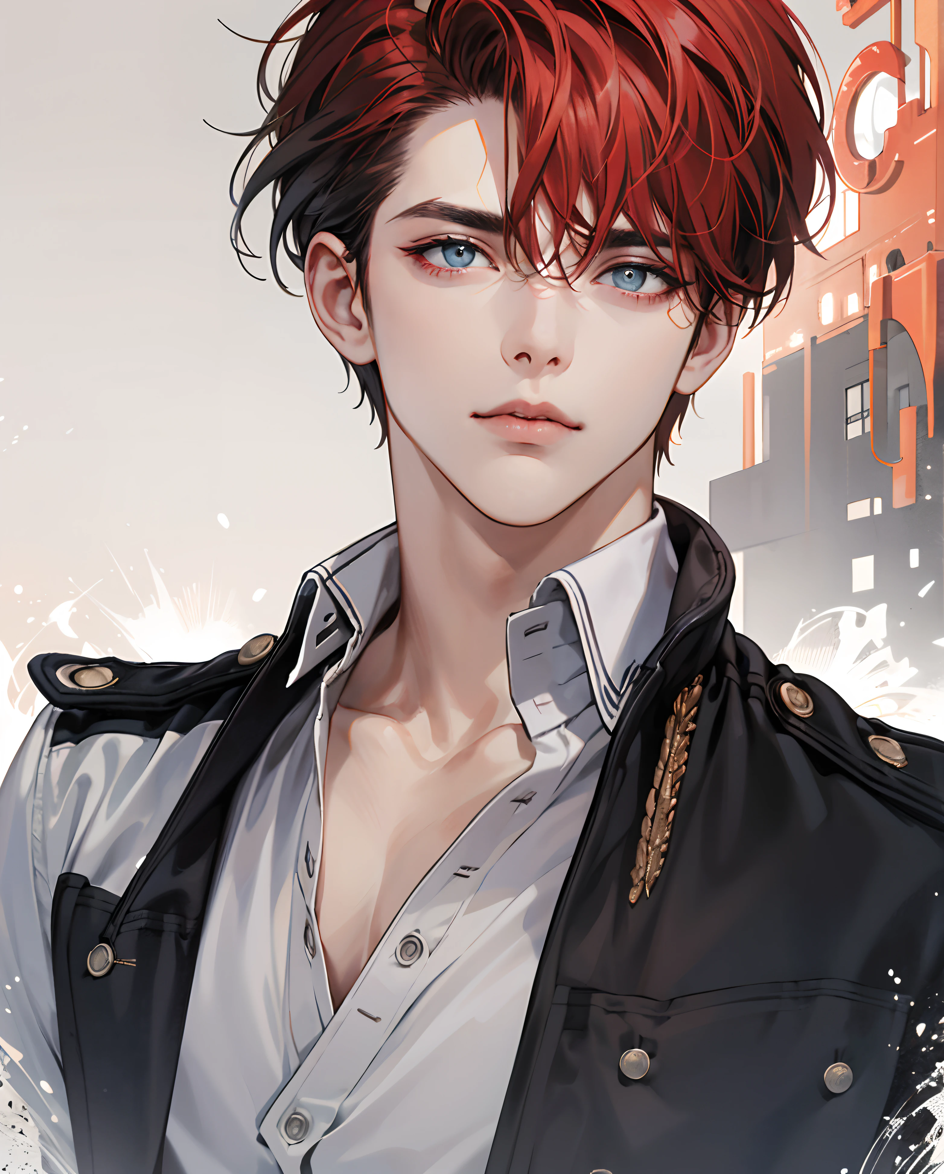 24 ans. Jeune homme Anglais en 1817. Grand manteau rouge avec un col haut, peau pale, auburn hair with a grey streak falling over her eyes. Un oeil bleu et un oeil noir. Grand et mince.