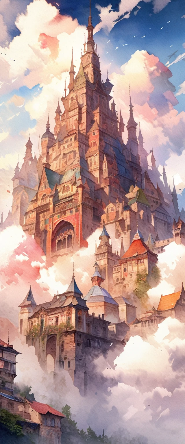 (very beautiful elaborate watercolors:1.4), very beautiful ancient castles (floating above beautiful celestial clouds:1.3), numerous slums smoke and dust on the ground, BREAK ,quality\(8k,wallpaper of extremely detailed CG unit, ​masterpiece,hight resolution,top-quality,top-quality real texture skin,hyper realisitic,increase the resolution,RAW photos,best qualtiy,highly detailed,the wallpaper\)