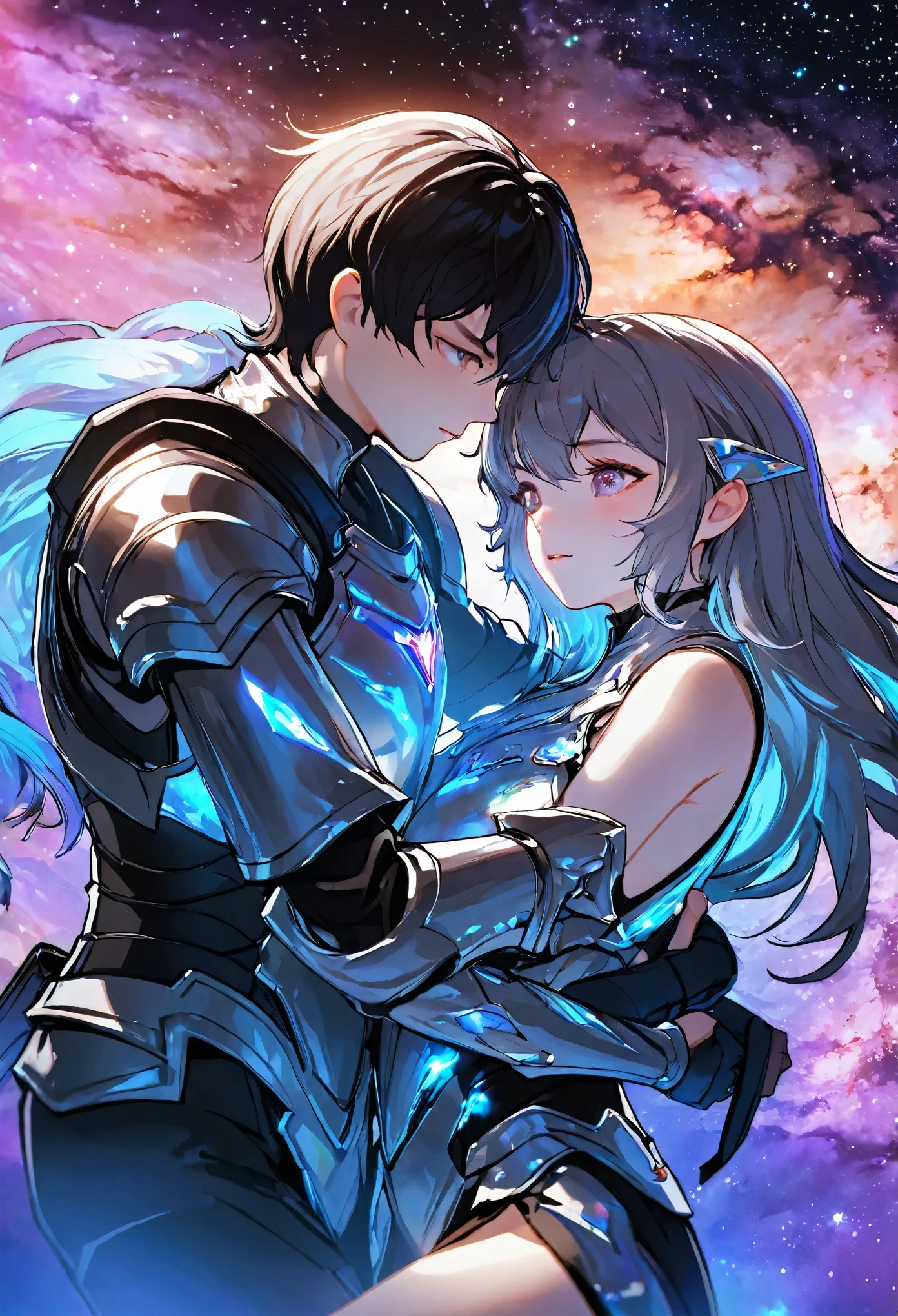 ((full body)), ((A boy and a yinji girl)), ((Long shot)), ((Armor)), ((Lie flat on the ground and embrace)), Two-man match, 4k ultra hd, masterpiece, good face, detailed eyes, detailed lips, neon lights, (galaxy background:1.5), in the heaven, Dissolving is correct