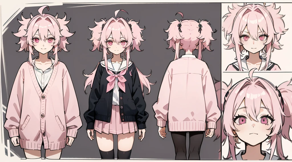 ((Masterpiece, highest quality)), detailed face, character sheet, Full body, 1girl, pink eyes, pink hair, twintails, ahoge, ((messy hair)), hair between eyes, school uniform, cardigan, black thigh-highs, smile, yandere, dark, pink theme, , full of details, multiple poses and expressions, highly detailed, depth, many parts