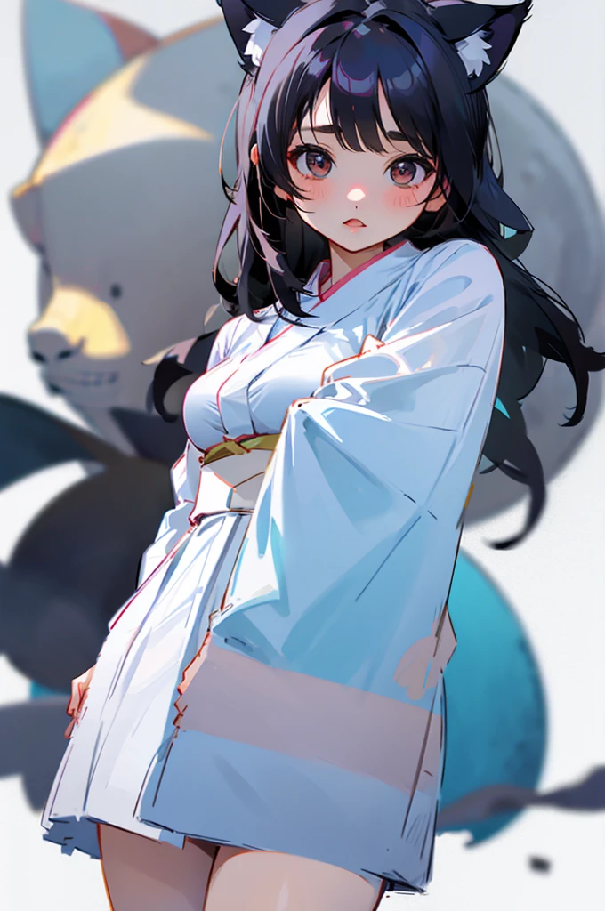 The girl wore a plain white kimono., Cute face with black hair and eyes., With cat ears