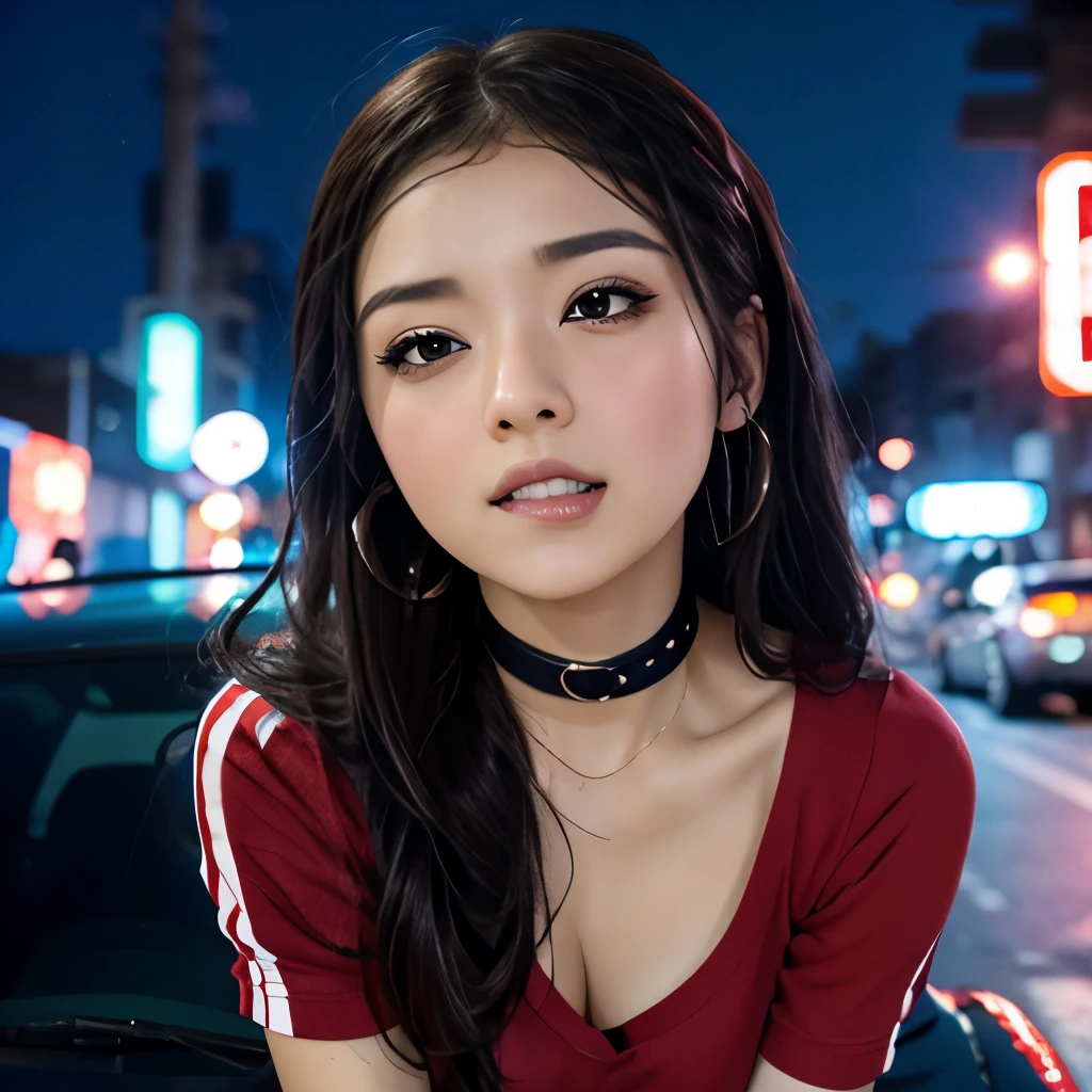 Focus on faces, attractive japanese female streetracer sitting on hood of car, sports car, open colourful race jacket, casual clothes, night time, street lights, road, looking up, cleavage, bare stomach, big eyes, full lips, eyeliner wings, eye shadow, lip stick, ear ring hoops, choker, begging look, hugging,