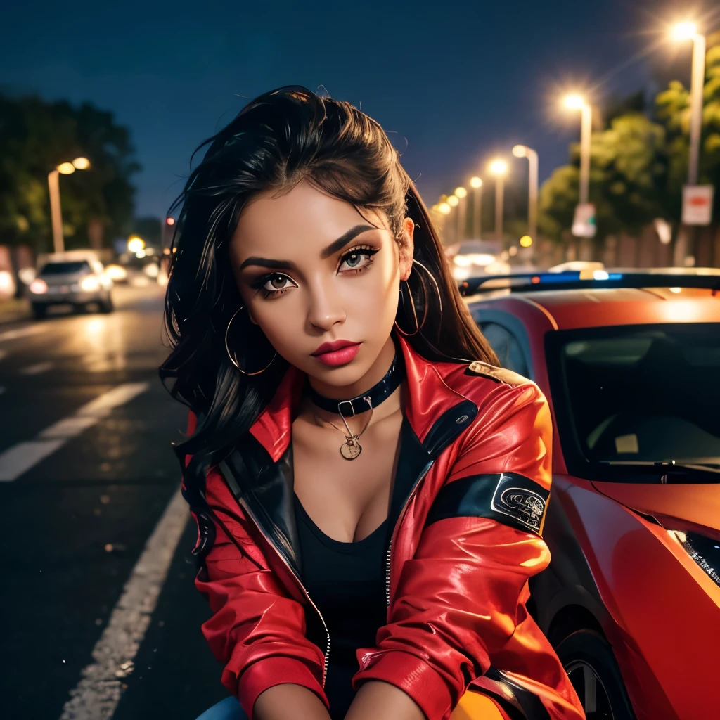 Focus on faces, attractive latino female streetracer sitting on hood of car, sports car, open colourful race jacket, casual clothes, night time, street lights, road, looking up, big eyes, full lips, eyeliner wings, eye shadow, lip stick, ear ring hoops, choker, begging look, hugging,