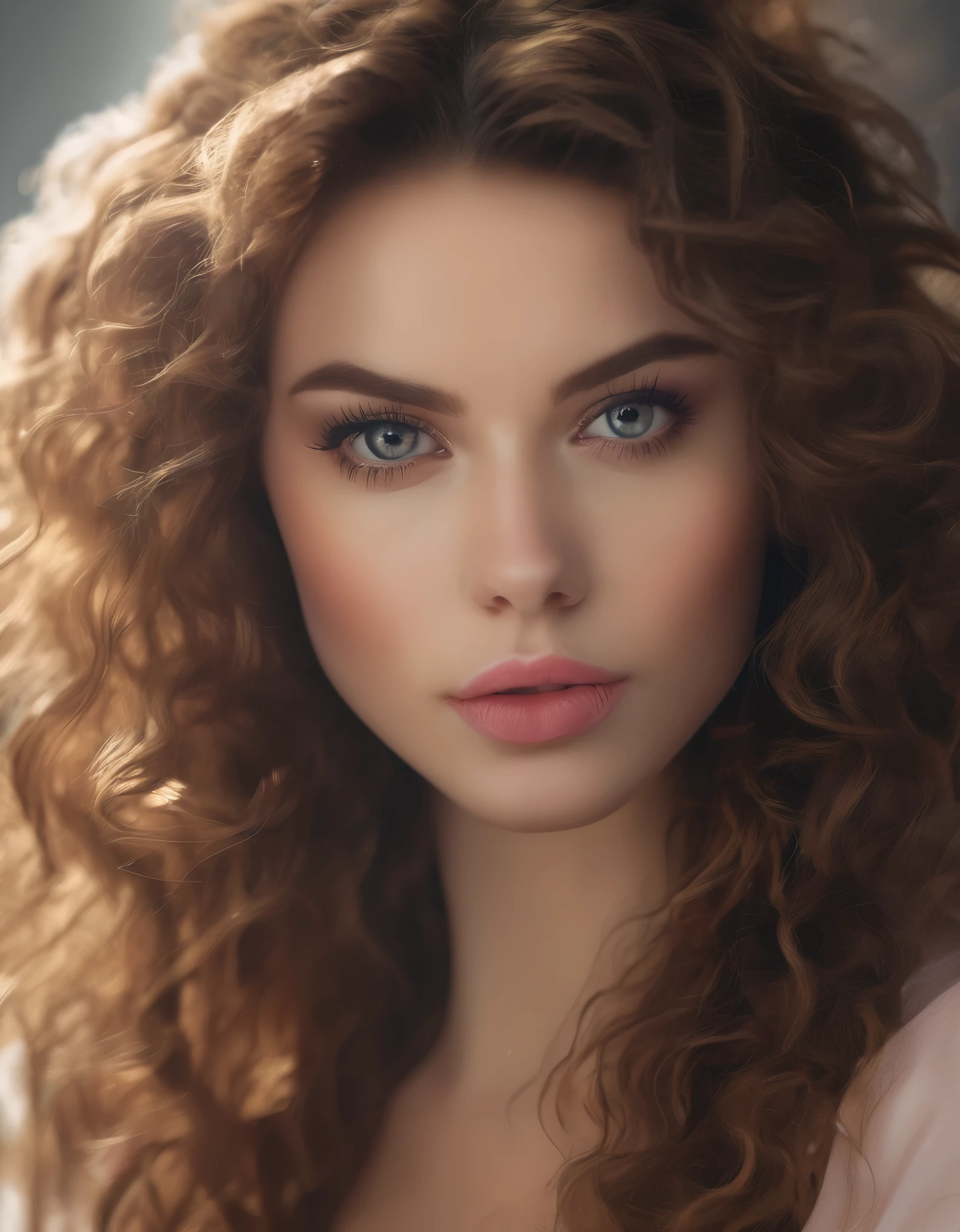 (best quality,4k,8k,highres,masterpiece:1.2),ultra-detailed,realistic,professional,vivid colors,bokeh,portraits,beautiful detailed eyes,beautiful detailed lips,extremely detailed eyes and face,long eyelashes,glamorous curly hair,brunette hair,pale skin with freckles,honey eyes,supermodel,stylish fashion outfit,confident and elegant pose,studio lighting,soft and warm color palette,subtle and natural lighting effect