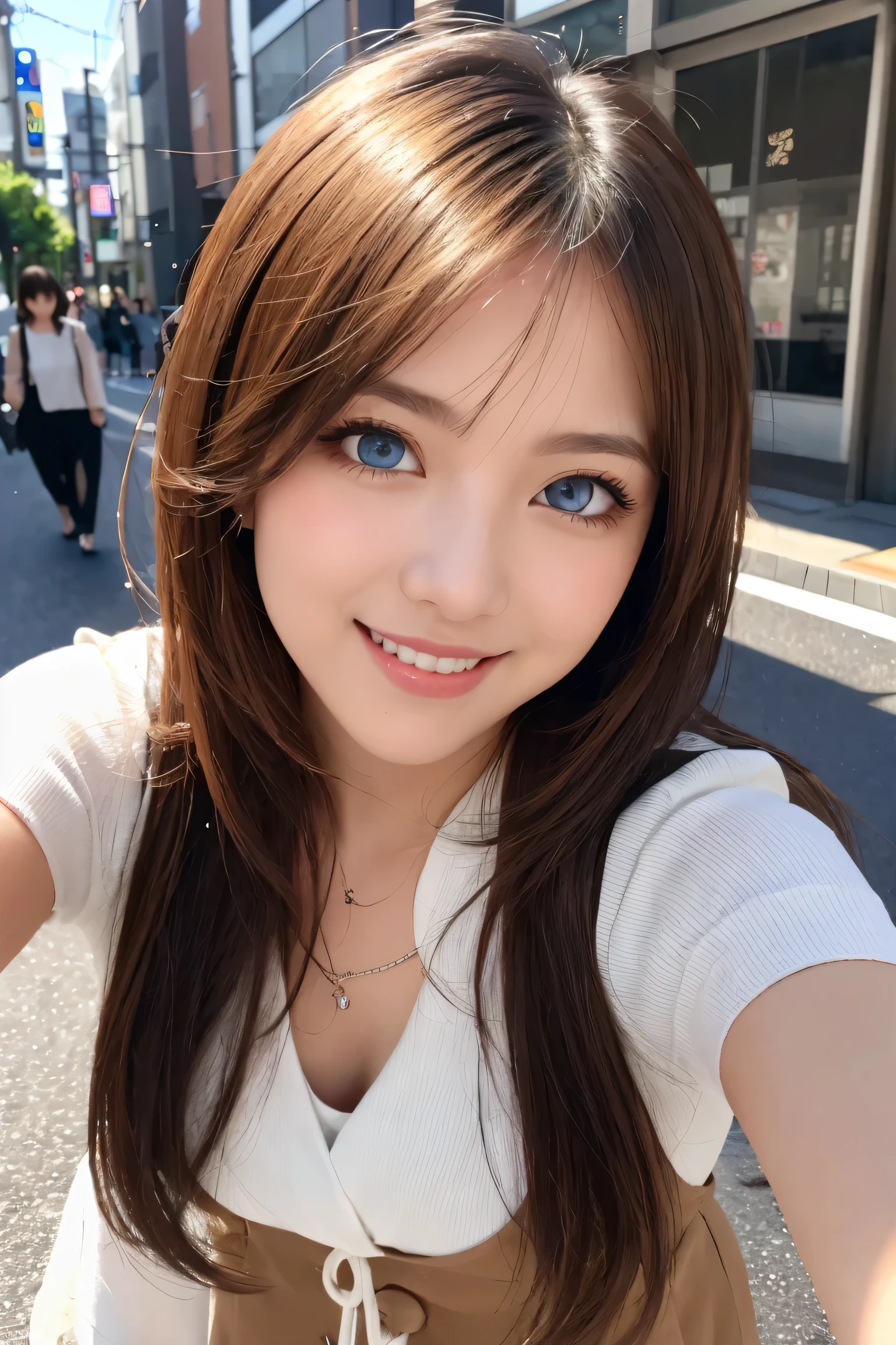 ((masterpiece)), ((best quality)), (ultra-detailed), ((kawaii)), cute, ((lovely)), (sexy), ero, ((extremely detailed)), (8K), 4K, (beautiful), illustration, cowboy shot:1.3, (arms up), (walking:1.3), dynamic angle, looking away, (downtown area, tokyo), a cute woman, 1woman, solo, Japanese, (peplum gilet blouse), (beautiful brown hair:1.3), (shaggy cut), ((beautiful hair)), tareme:1.5, beautiful blue eyes, ((beautiful eyes)), white teeth, (smile), blush, shiny,