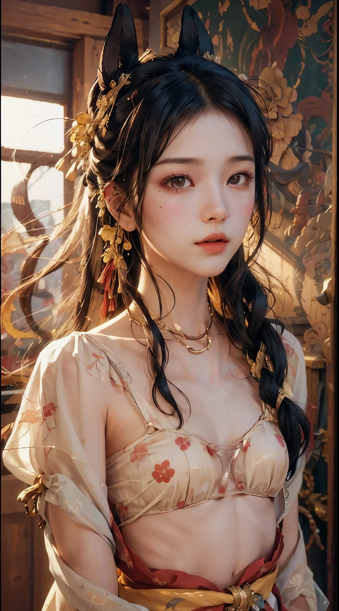 (RAW Photo, Best Quality), (Realistic, Photo Realistic: 1.3), Best Quality, Highly Detailed, Masterpiece, Hyperdetail, Illustration, 1 Girl, upper_body, Dynamic Angle, World Masterpiece Theater, messy_long_hair, Best Quality, Extremely Detailed CG Unified 8k Wallpaper, Ink, Amazing, Cinematic Lighting, lens_flare, Chu Chu Touching,A kind face,A look of ecstasy,near-flat chest,Small Bust,Small breasts,A beautiful girl with a slim figure,Oriental Beautiful Girl,