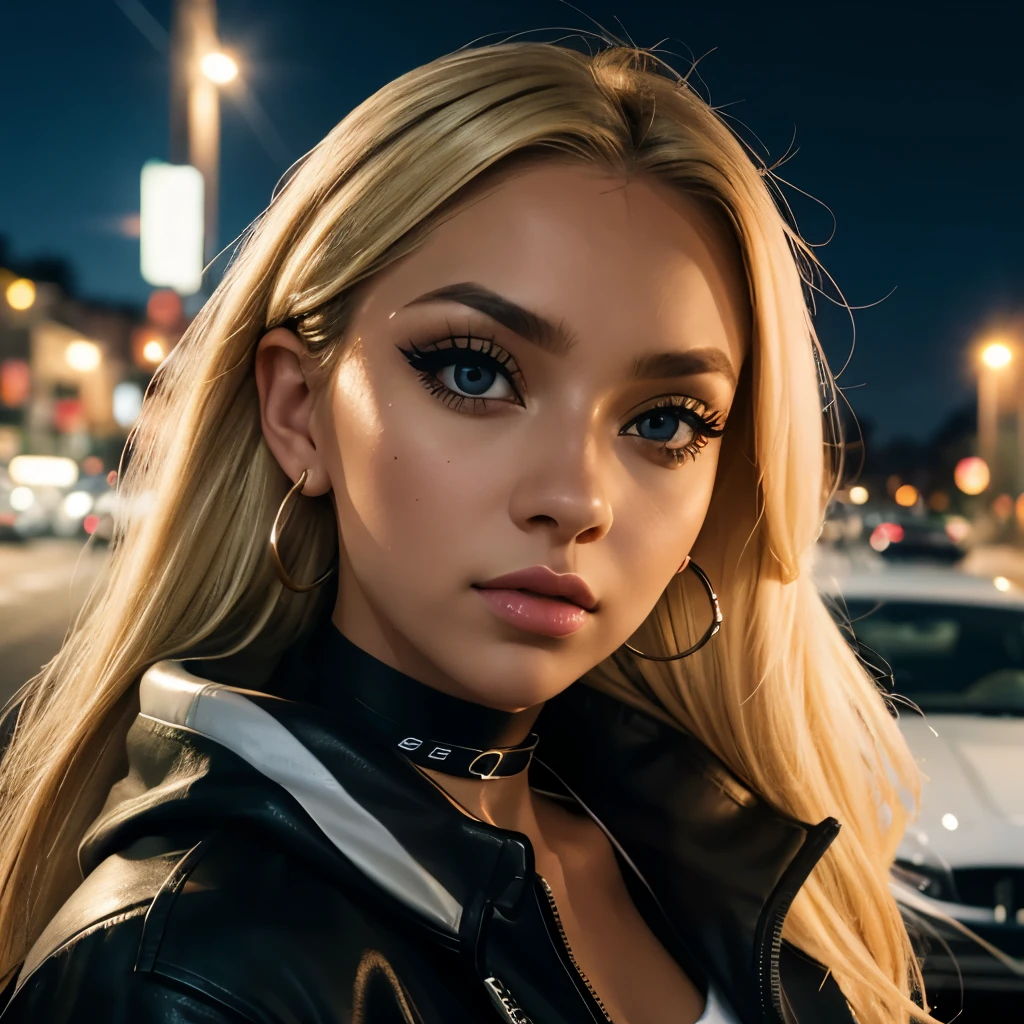 Focus on face, attractive blonde latino female streetracer sitting on hood of car, sports car, open colourful race jacket, casual clothes, night time, street lights, road, looking up, big eyes, full lips, eyeliner wings, eye shadow, lip stick, ear ring hoops, choker, begging look, leaning forward,