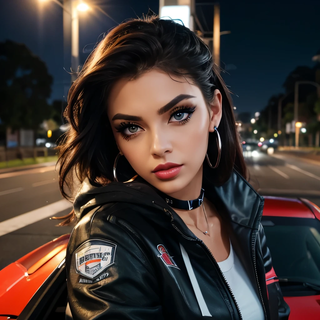 Focus on face, attractive australian female streetracer sitting on hood of car, sports car, open colourful race jacket, casual clothes, night time, street lights, road, looking up, big eyes, full lips, eyeliner wings, eye shadow, lip stick, ear ring hoops, choker, begging look, leaning forward,