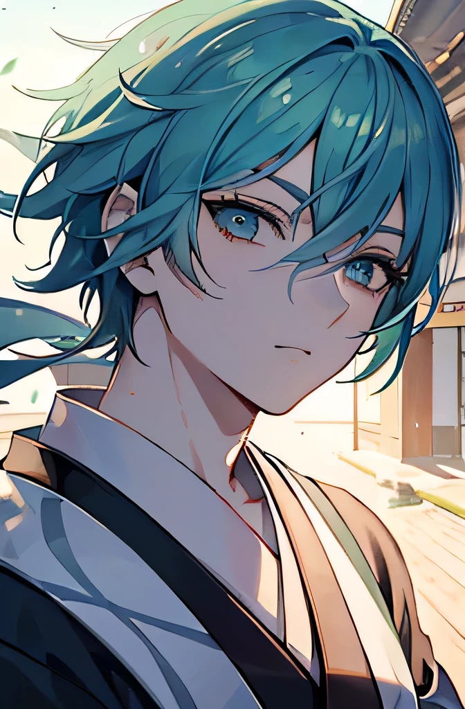 male Green Hair blue eyes new year Young Samurai Japanese House blue sky masterpiece Best image quality Clear Parts Cinematic Shadows Increased eye appeal Clearing the sparkle in the eyes Draw eyelashes neatly Perfect Eyes Detailed eyes Sharpen image quality Write with a sharp eye Clear eye shape