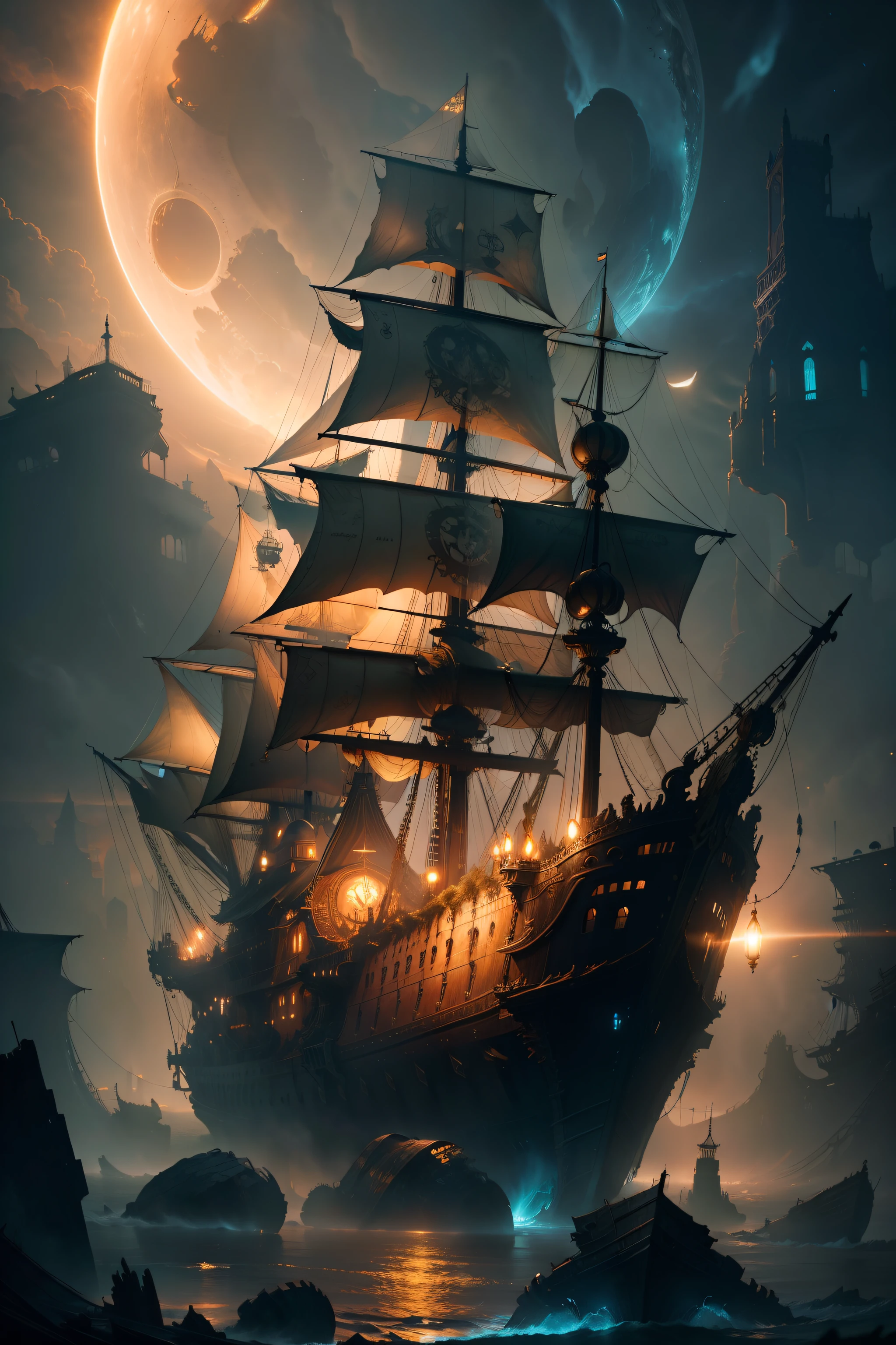 ghostship, Fantasy Art, Wheels within wheels, beautiful, Luminescence, prime time, Outer Space, Ultra Detail, Detailed modeling, The hull is broken, excellent, mystery, scary, The sails are rotten., it&#39;s foggy, flash, Practical, Detailed description, high resolution, haunted ship, Legendary monster Cthulhu.