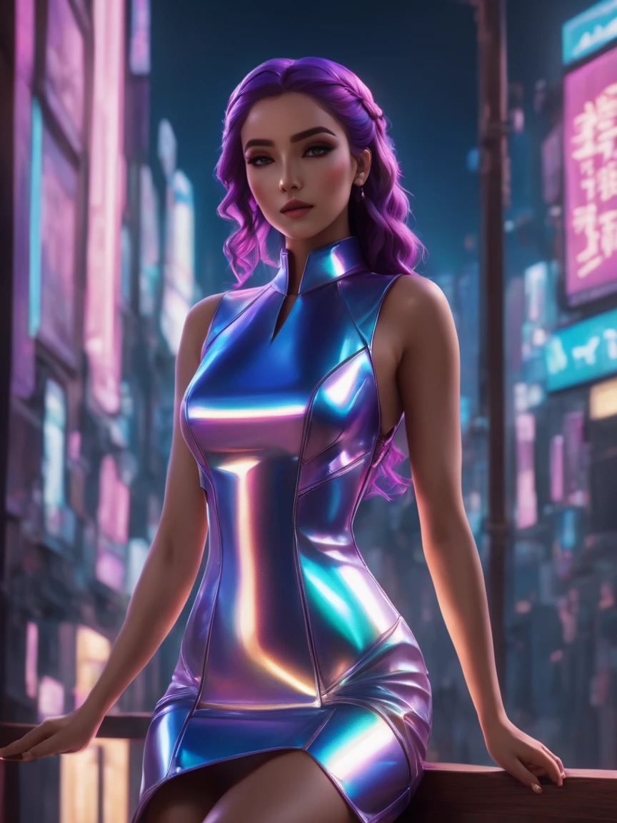 neonpunk style beautiful woman wearing an iridescent Shift Dress, Wood carving workshop, Supine, . cyberpunk, vaporwave, neon, vibes, vibrant, stunningly beautiful, crisp, detailed, sleek, ultramodern, magenta highlights, dark purple shadows, high contrast, cinematic, ultra detailed, intricate, professional