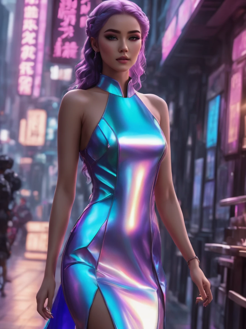 neonpunk style beautiful woman wearing an iridescent Shift Dress, Wood carving workshop, Supine, . cyberpunk, vaporwave, neon, vibes, vibrant, stunningly beautiful, crisp, detailed, sleek, ultramodern, magenta highlights, dark purple shadows, high contrast, cinematic, ultra detailed, intricate, professional