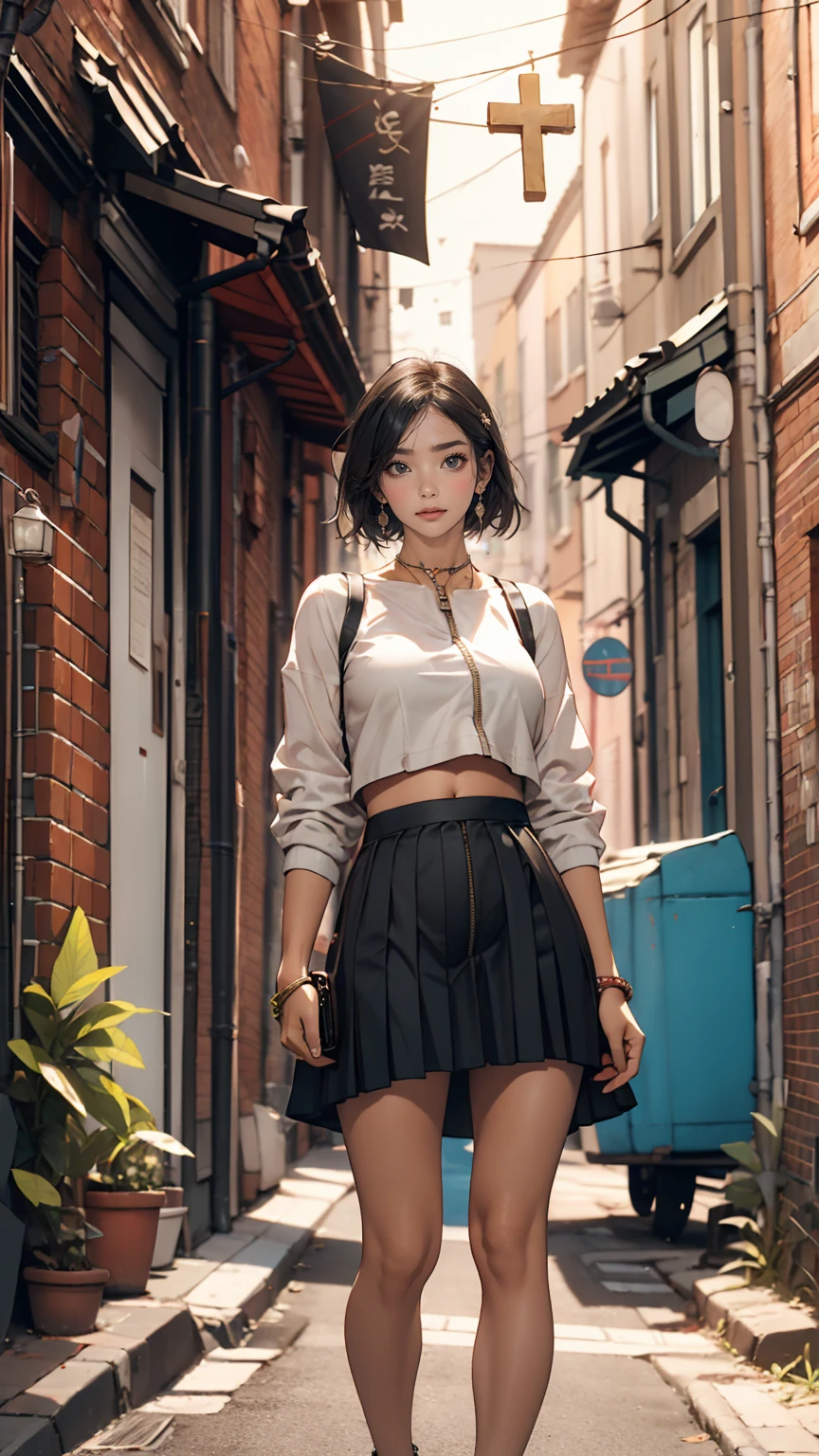 25-year-old Caucasian female、Wear high-necked zipper-up tops、Lower milk visible、I can see my belly button、Wear a low-rise, mini-length pleated skirt、Brick building in an alley、Cross one's arms