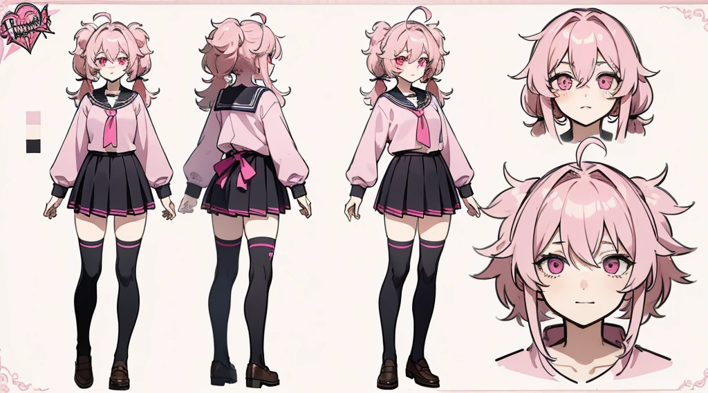 ((Masterpiece, highest quality)), detailed face, character sheet, Full body, 1girl, pink eyes, pink hair, twintails, ahoge, ((messy hair)), hair between eyes, school uniform, cardigan, black thigh-highs, smile, yandere, dark, pink theme, , full of details, multiple poses and expressions, highly detailed, depth, many parts