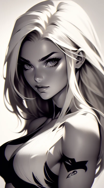 Beautiful 20yr old girl, blonde, detailed, muscular,  female femme dessin, simple, ???? et blanc, black and white ink, looking at viewer.