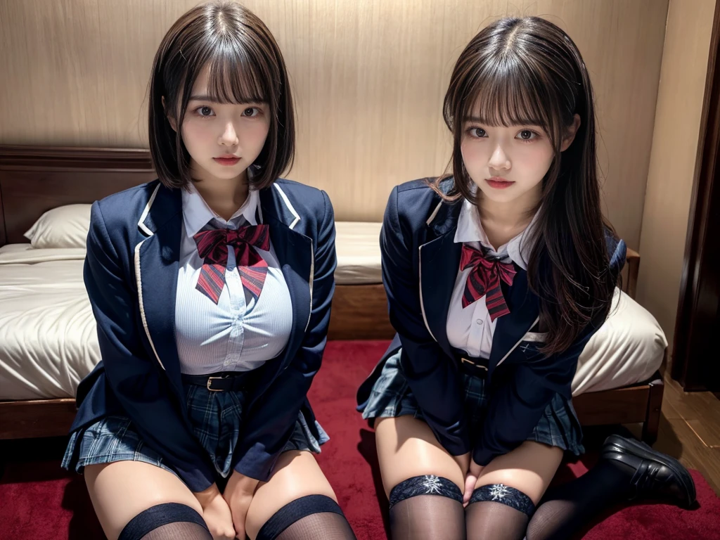 (8K, Raw photography, top-quality, masterpiece:1.2), master piece, best quality, illustration, Super detailed, fine details, High resolution, 8K,wall paper, perfect dynamic composition,(Details High quality, realistic depiction of eyes:1.3), ((2 girls, 2 schoolgirls)), The background is a luxury hotel room、High school girl uniform、blazer 、Super Short Check Uniform Skirt、Navy blue high socks、garterbelts、Colossal tits、Disturbed uniform, Play with each other,Touching each other's bodies,Touching the body of the girl next door, short bob hair, black hair color, huge breasts, Big Natural Color Lip, bold sexy pose, (perfect body shape), crying a little、cold gaze, Beautiful makeup,glitter makeup,Cutest 18 years old, beautiful legs, hposing Gravure Idol, Voluptuous thighs