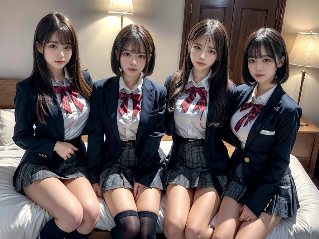 (8K, Raw photography, top-quality, ​masterpiece:1.2), master piece, best quality, illustration, Super detailed, fine details, High resolution, 8K,wall paper, perfect dynamic composition,(Details High quality, realistic depiction of eyes:1.3), ((2 girls, 2 schoolgirls)), The background is a luxury hotel room、High school girl uniform、blazer 、Super Short Check Uniform Skirt、Navy blue high socks、garterbelts、Colossal tits、Disturbed uniform, Play with each other,Touching each other's bodies,Touching the body of the girl next door, short bob hair, black hair color, huge breasts, Big Natural Color Lip, bold sexy pose, (perfect body shape), crying a little、cold gaze,  Beautiful makeup,glitter makeup,Cutest 18 years old, beautiful legs, hposing Gravure Idol, Voluptuous thighs